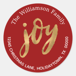 Elegant Gold Joy Red Return Address Christmas Classic Round Sticker