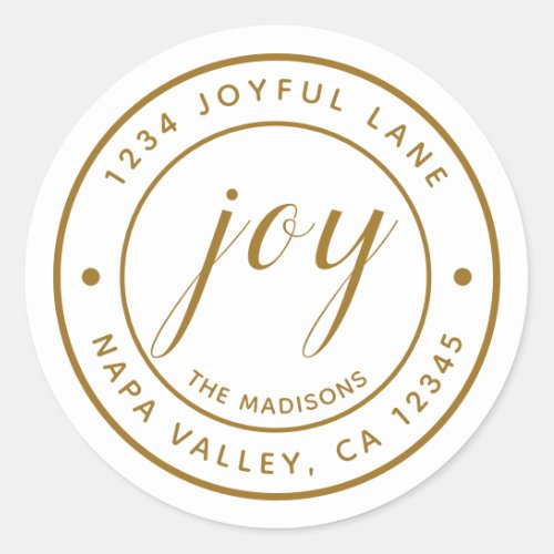 Elegant Gold Joy Round Return Address Classic Round Sticker