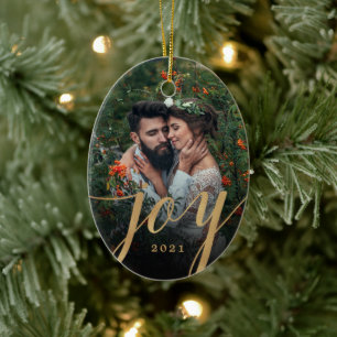 Elegant Gold Joy Script Photo Christmas  Ceramic Ornament