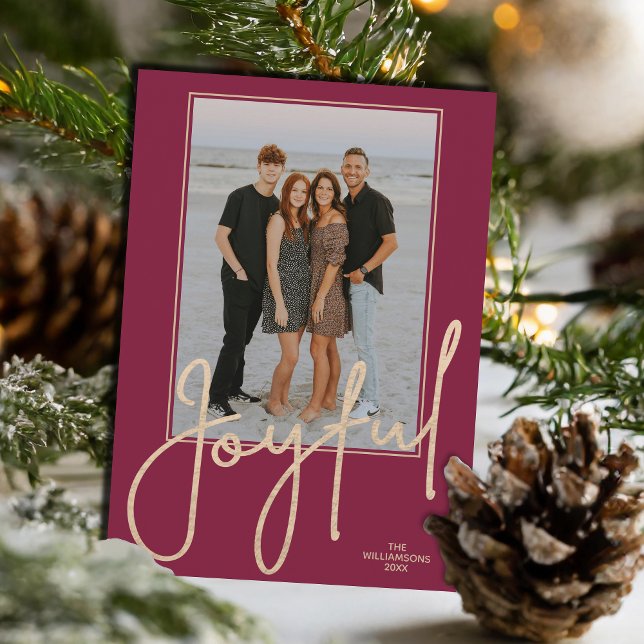 Elegant Gold JOYFUL on Cranberry Photo Christmas Holiday Card (Elegant Gold JOYFUL Script on cranberry photo Christmas cards, PRINTED and/or INSTANT DOWNLOAD)