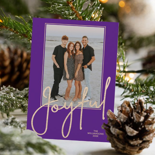 Elegant Gold JOYFUL Script Purple Photo Christmas Holiday Card (Elegant Gold JOYFUL Script on purple photo Christmas holiday cards, PRINTED and/or INSTANT DOWNLOAD)