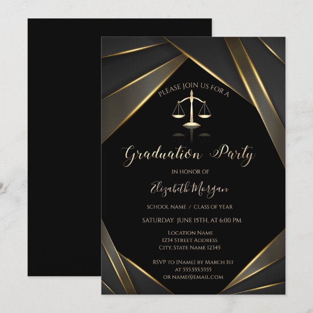 Elegant Gold Justice Scale Black Graduation Invitation (Front/Back)