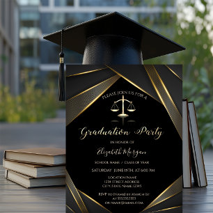 Elegant Gold Justice Scale Black Graduation Invitation