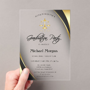 Elegant Gold Justice Scale Border Gray Graduation Acrylic Invitations