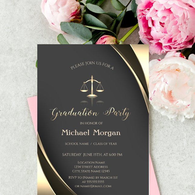 Elegant Gold Justice Scale Border Gray Graduation Invitation (Creator Uploaded)