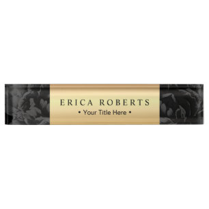 Elegant Gold Label Classy Black Floral Desk Name Plate