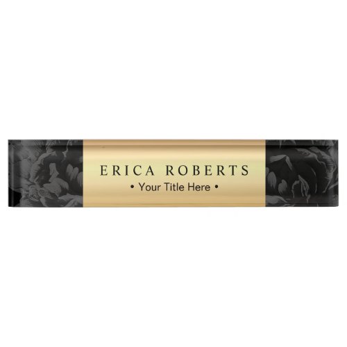 Elegant Gold Label Classy Black Floral Desk Name Plate