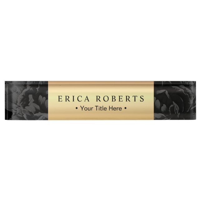 Elegant Gold Label Classy Black Floral Desk Name Plate (Front)