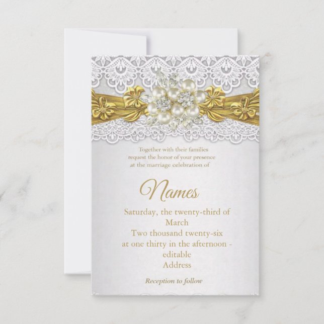 Elegant Gold Lace and Pearl Wedding Invitations (Front)