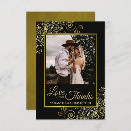 Elegant Gold Lace  Black Love  Thanks Wedding Thank You Card