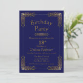 Elegant Gold Lace Blue 18th Birthday Party Invitation (Standing Front)