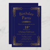 Elegant Gold Lace Blue 18th Birthday Party Invitation (Front/Back)