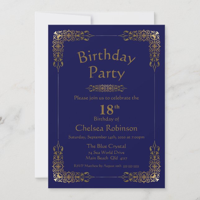 Elegant Gold Lace Blue 18th Birthday Party Invitation (Front)