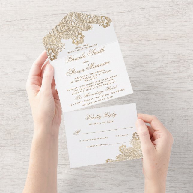 Elegant Gold Lace Border Wedding with RSVP All In One Invitation (Tearaway)