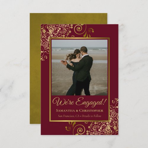 Elegant Gold Lace Burgundy Maroon Photo Engagement Announcement