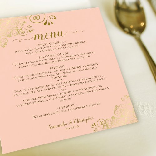 Elegant Gold Lace Coral Peach Budget Wedding Menu