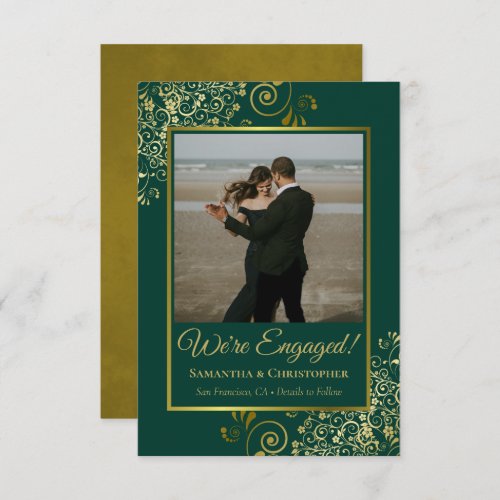 Elegant Gold Lace  Emerald Green Photo Engagement Announcement