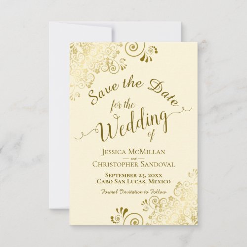 Elegant Gold Lace Filigree on Ivory Cream Wedding Save The Date