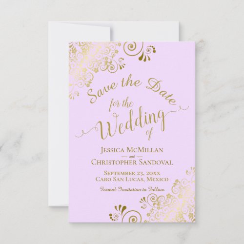 Elegant Gold Lace Filigree on Lilac Purple Wedding Save The Date