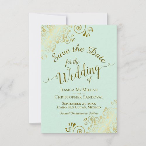 Elegant Gold Lace Filigree on Mint Green Wedding Save The Date