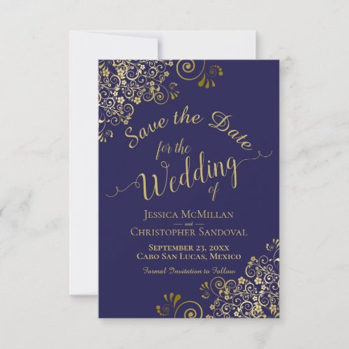 Elegant Gold Lace Filigree on Navy Blue Wedding Save The Date