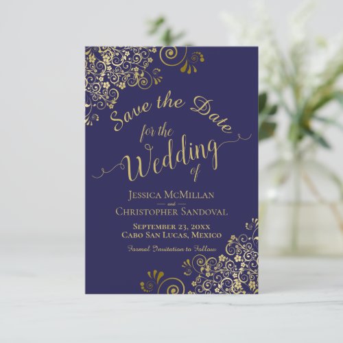 Elegant Gold Lace Filigree on Navy Blue Wedding Save The Date