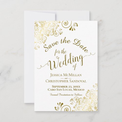 Elegant Gold Lace Filigree on White Wedding Save The Date