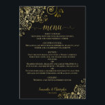 Elegant Gold Lace Frills on Classy Black Wedding Menu<br><div class="desc">This beautiful wedding menu is simple,  elegant,  sophisticated and stylish. It features an elegant black design with lacy gold script calligraphy and delicate golden curls and swirls in the corners. The back is a beautiful marbled gold color.</div>