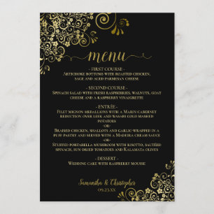 Elegant Gold Lace Frills on Classy Black Wedding Menu