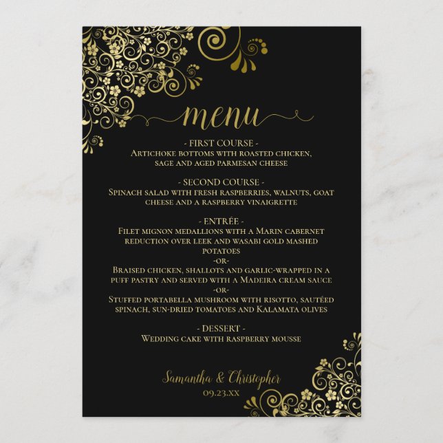 Elegant Gold Lace Frills on Classy Black Wedding Menu (Front)