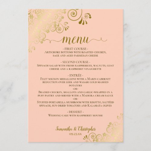 Elegant Gold Lace Frills on Coral Peach Wedding Menu