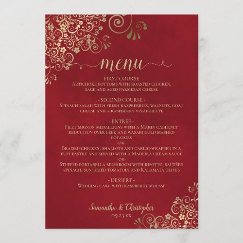 Elegant Gold Lace Frills on Crimson Red Wedding Menu