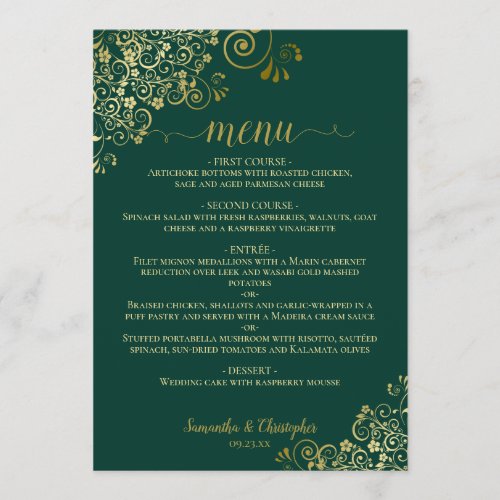 Elegant Gold Lace Frills on Emerald Green Wedding Menu