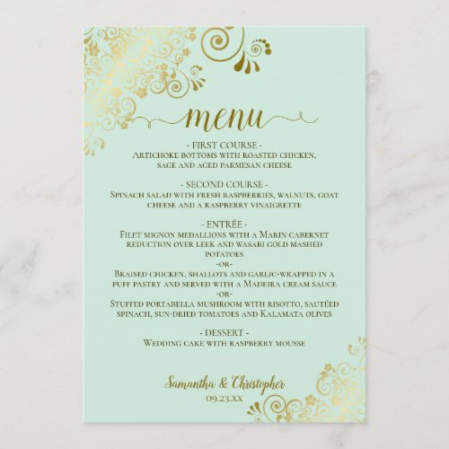 Elegant Gold Lace Frills on Mint Green Wedding Menu