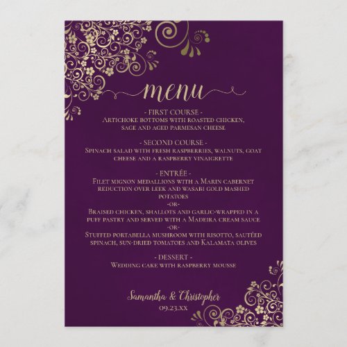 Elegant Gold Lace Frills on Plum Purple Wedding Menu