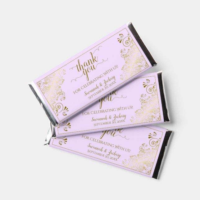 Elegant Gold Lace & Lilac Purple Wedding Thank You Hershey Bar Favors (Front)