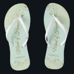 Elegant Gold Lace Maid of Honor Mint Green Wedding Flip Flops<br><div class="desc">These beautiful wedding flip flops are a great way to thank and recognize your Maid of Honor while saving her feet at the same time. Features an elegant design with golden lace frills on a pale neo mint green colored background and fancy gold colored script lettering. The test reads Maid...</div>