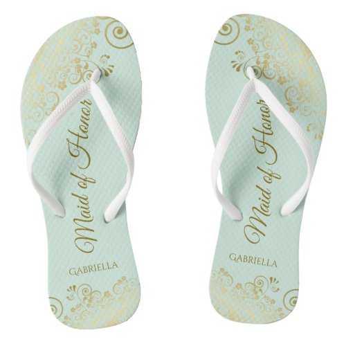 Elegant Gold Lace Maid of Honor Mint Green Wedding Flip Flops