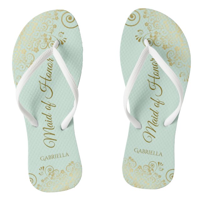 Elegant Gold Lace Maid of Honor Mint Green Wedding Flip Flops (Footbed)