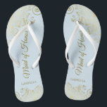 Elegant Gold Lace Maid of Honor Pale Blue Wedding Flip Flops<br><div class="desc">These beautiful wedding flip flops are a great way to thank and recognize your Maid of Honor while saving her feet at the same time. Features an elegant design with golden lace frills on a pale powder blue background and fancy gold colored script lettering. The test reads Maid of Honor...</div>