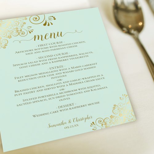 Elegant Gold Lace Mint Green Budget Wedding Menu