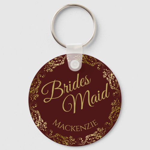 Elegant Gold Lace on Auburn Bridesmaid Wedding Keychain