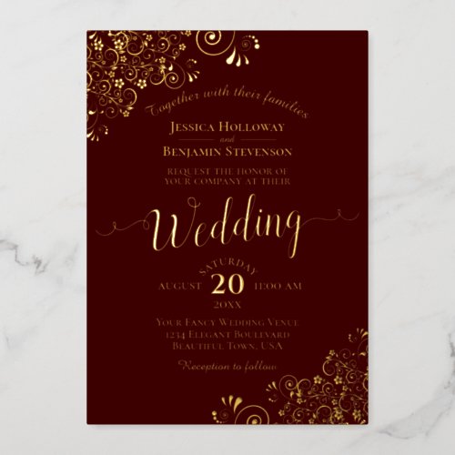 Elegant Gold Lace on Auburn Brown Wedding Foil Invitation