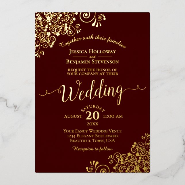 Elegant Gold Lace on Auburn Brown Wedding Foil Invitation (Front)