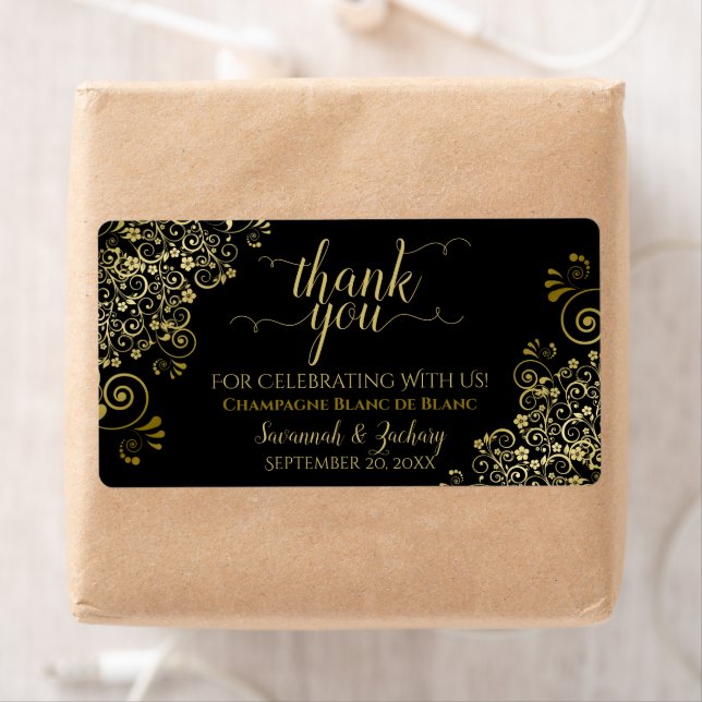 Elegant Gold Lace on Black Budget Wedding Favor Label (Insitu)