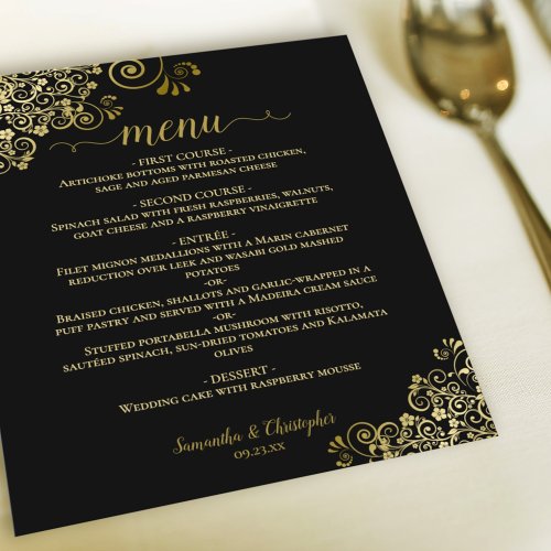 Elegant Gold Lace on Black Budget Wedding Menu