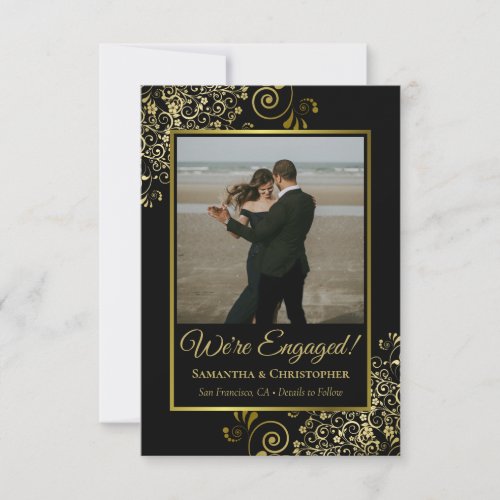 Elegant Gold Lace on Black with Photo Engagement Announcement