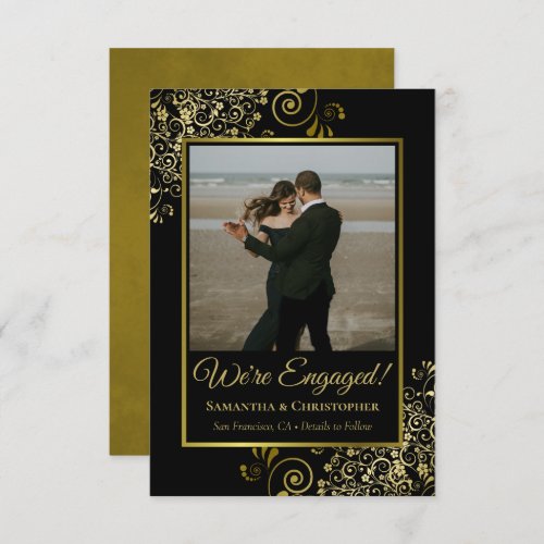 Elegant Gold Lace on Black with Photo Engagement Announcement