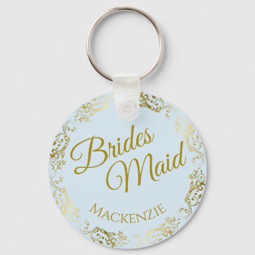 Elegant Gold Lace on Blue Bridesmaid Wedding Keychain
