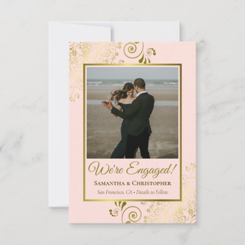 Elegant Gold Lace on Blush Pink Photo Engagement Announcement
